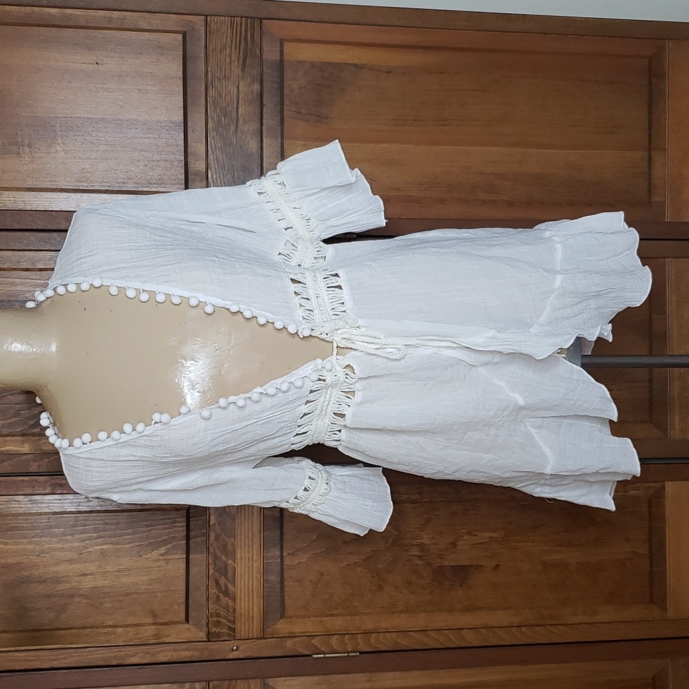Swim Beach Muslin Cover-Up Crochet Lace Pom Pom Trim